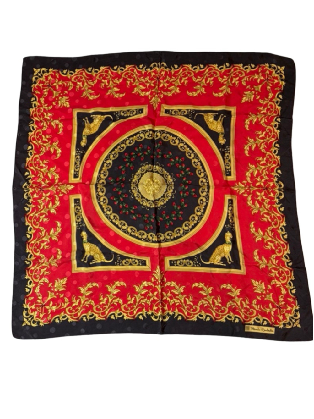 Renato Balestra Silk Scarf Baroque Leopard Chain Print Red Gold Italy